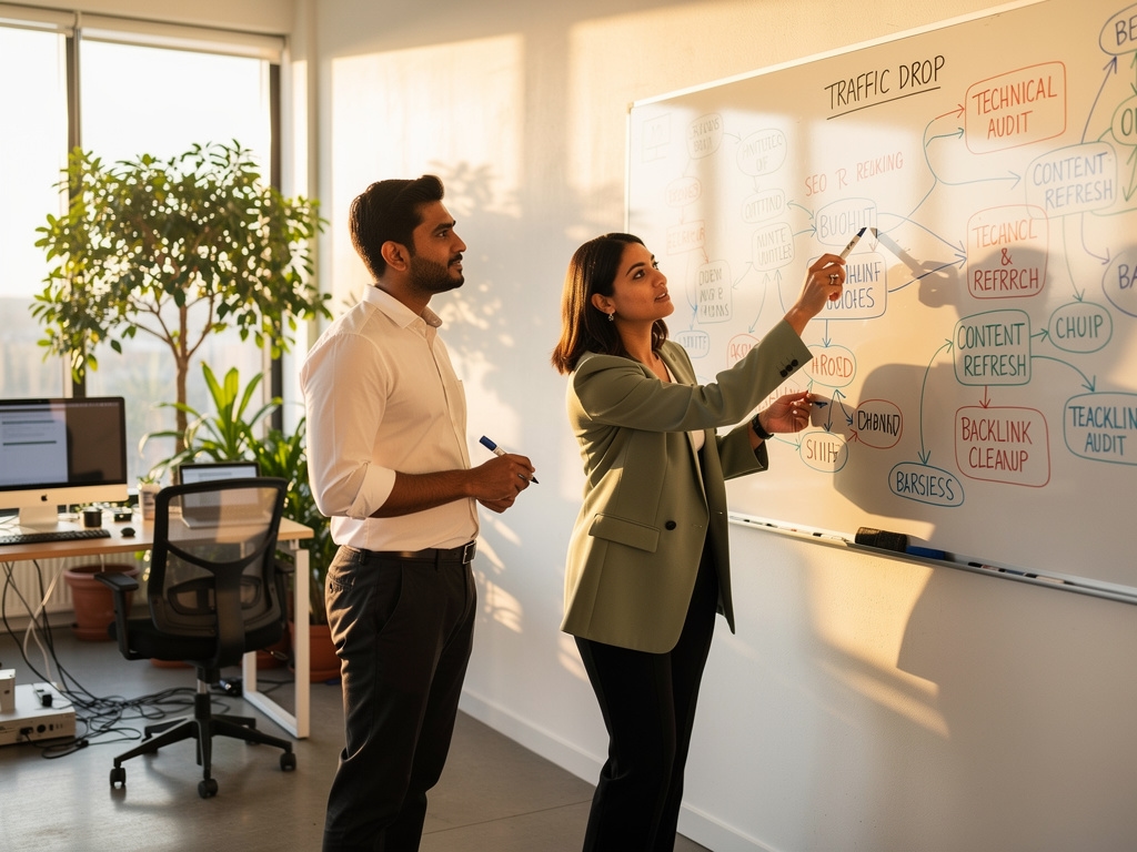 Equipo de consultoría SEO en oficina moderna
